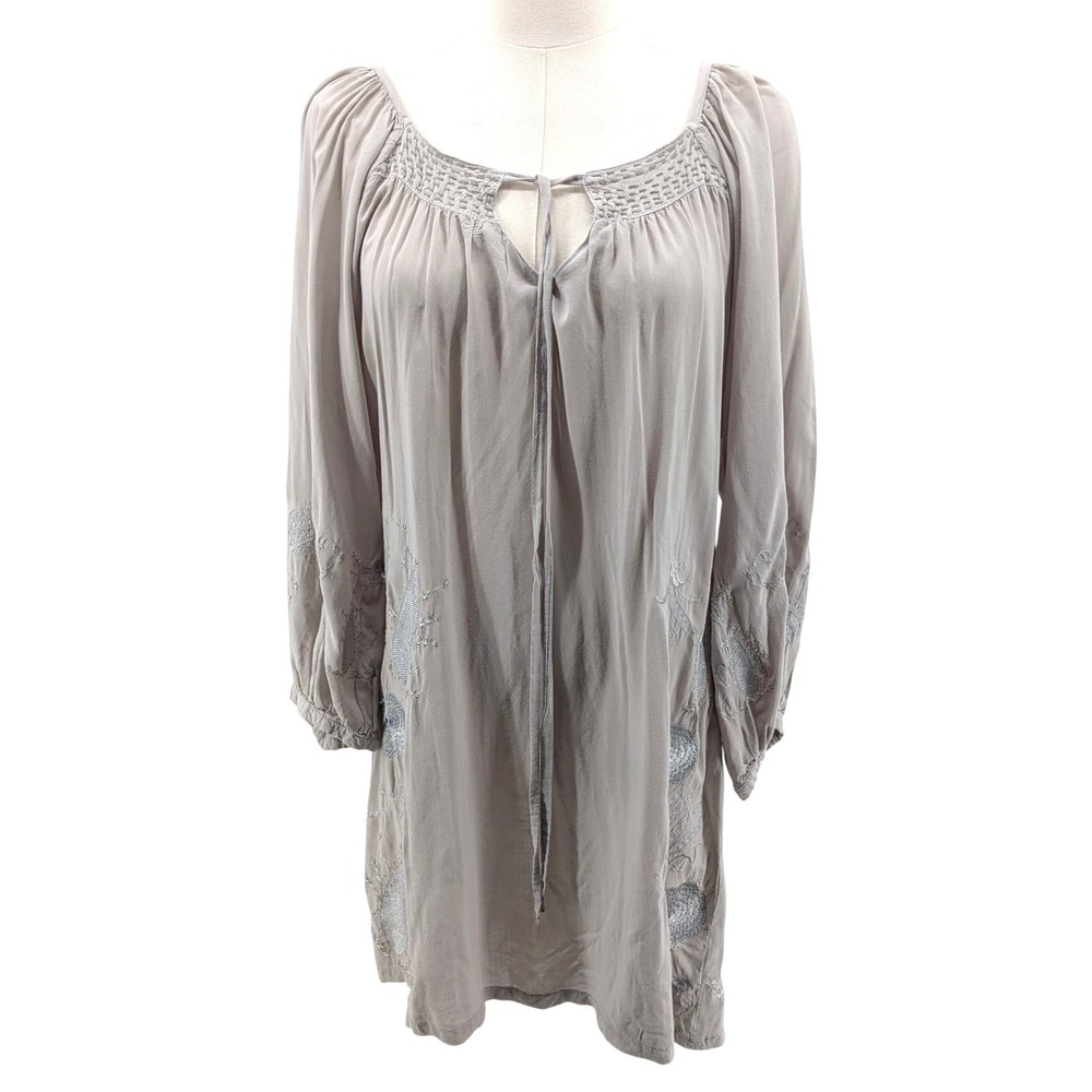 Mono Reno Embroidered Tunic Blouse Gray Rayon Boho Peasant 3/4 Sleeve L